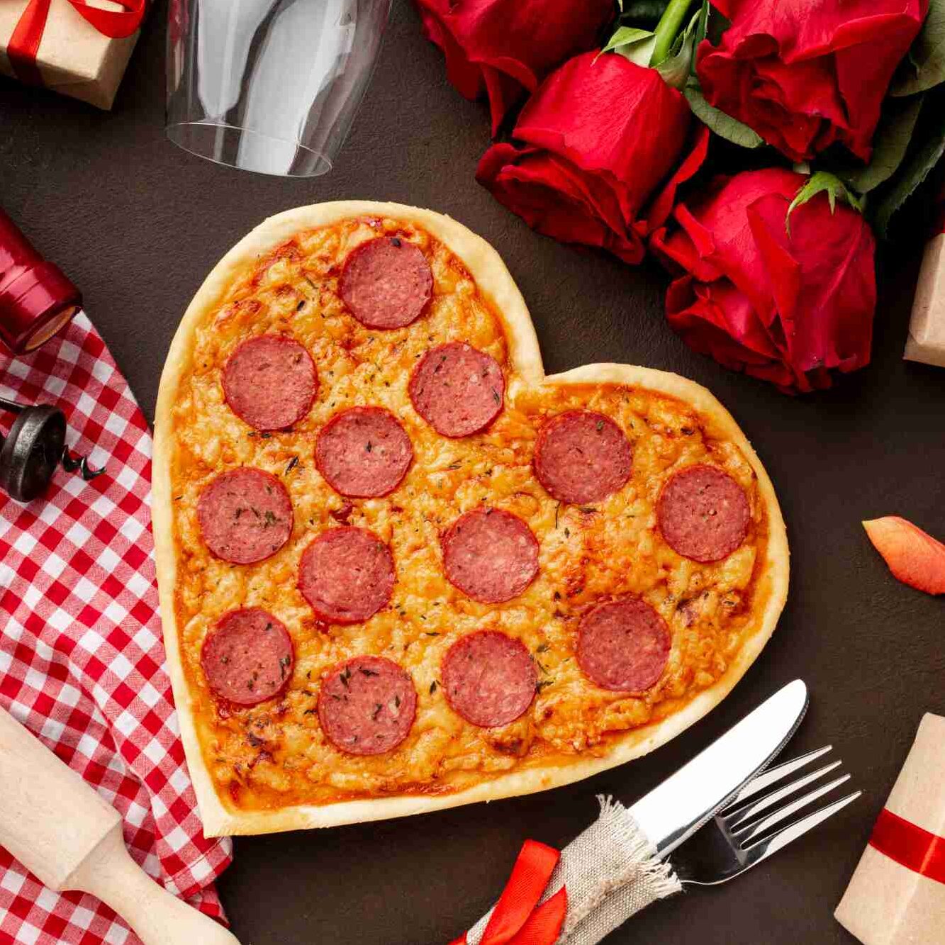 Pizza u obliku srca sa salamom, okružena crvenim ružama i poklonima, idealna za romantičnu večeru za Valentinovo.