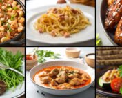 Kolaž sa šest fotografija brzih recepata: brzi gulaš s tjesteninom, pasta karbonara, pileća krilca s medom, teleće džigerice, pileći paprikaš i zapečene tikvice.